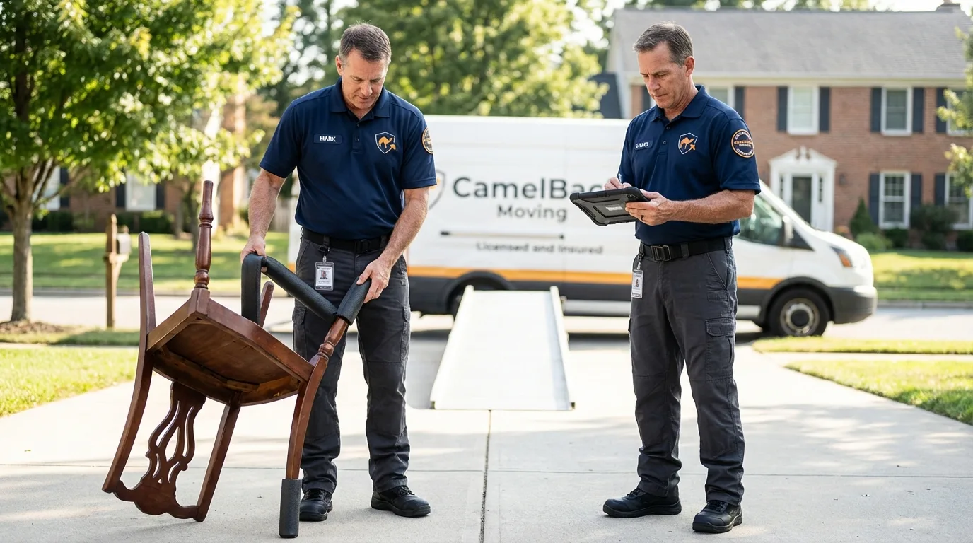 Movers inspecting furniture for damage prevention before loading in Cartersville, GA